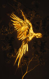 Fototapeta Zwierzęta - golden macaw in a dark backgrond with gold plants