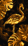 Fototapeta Zwierzęta - golden flamingo with gold leaves in black background