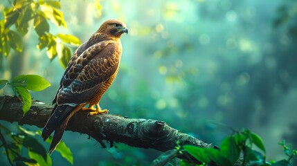 Canvas Print - Majestic bird of prey perched on a branch in a serene forest. Natural light illuminates the scene. Ideal for wildlife and nature themes. AI