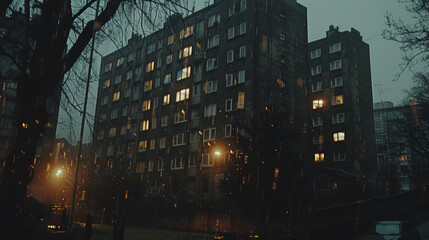 a dark city street with a tall building in the background