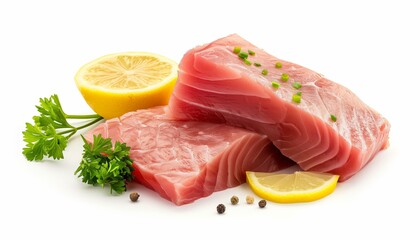 A photo of tuna fillet cut into two pieces, with half a lemon on the side, on a white background