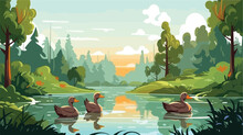 Scene With Ducks In The Pond Illustration 2d Flat C