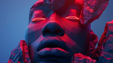 Wall Mural - A close up of a face with glowing red eyes and rocks around it, AI