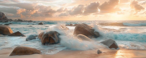 Wall Mural - Wind waves crash on beach rocks at sunset creating a natural art display