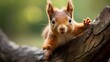 Adorable red squirrel on a tree trunk, reaching her claws excitedly for what she wants most.