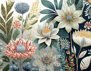 Wall Mural - AI generated illustration of various flowers on blue and white canvas backdrop on a tabletop