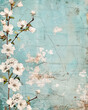 Vintage White Flowers on Rustic Turquoise Blue Background in Distressed Grunge Style