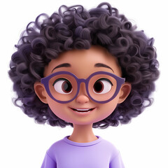 Wall Mural - portrait of cute smiling girl with short curly hair and glasses in purple t-shirt. Teen character 3d render avatar minimal style