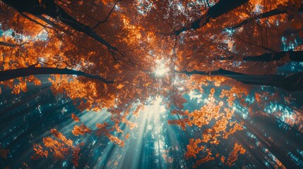 Wall Mural - A view of the sun shining through a forest canopy, AI