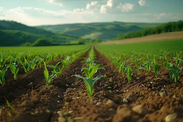 Symphony of Sprouting Corn: Nature's Rhythmic Rows. Concept Agricultural Photography, Nature's Beauty, Farming Landscapes