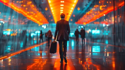 Canvas Print - A man walking down a hallway with his briefcase in hand, AI