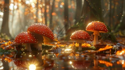 Canvas Print - Three red mushrooms sitting in a forest with leaves and water, AI