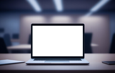 Laptop mockup template on office workplace desk, white screen mockup. empty blank computer on office work table. blurred dark blue office background