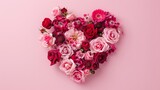 Fototapeta Miasto - Heart shape made of rose flowers for wedding and birthday celebration pink background