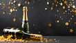 Festive celebration concept with champagne bottle amidst golden confetti and stars on a dark background