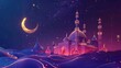 3D illustration, Eid greeting card high definition image of a mosque with crescent and stars.