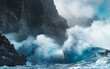 A massive wave hits a rugged cliff in the coastal landscape, under a stormy sky