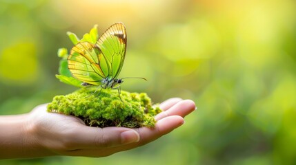 Poster - A person holding a green and yellow butterfly on top of moss, AI