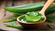 Nourishing aloe vera gel in a wooden bowl with aloe vera plants, symbolizing natural skincare