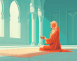 Muslim woman praying with open two empty hands with palms up. Muslim praying on the floor of mosque