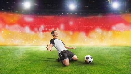 Wall Mural - Textured soccer game field with neon fog, with germany flag and soccer player - center, midfield. 3D Illustration.