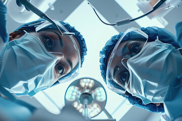 First person view of a dental patient and two doctors wearing medical masks and goggles looking directly into the camera. Healthcare concept. Appointment with the dentist. Copy space. Banner.