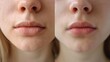 A young woman's dry lips before and after treatment.