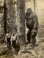 Old vintage aged mystery photograph of a man and woman standing with a giant bigfoot cryptid sasquatch creature in the forest