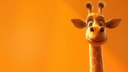 Funny jiraffe charachter for kindergarten or little child exibition showcase display surprised smiling animated 3D render on bright orange background with copyspace