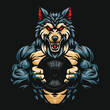 Fitness wolf vector illustration, gym mascot character, wolf holding weight plate