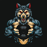 Fototapeta  - Fitness wolf vector illustration, gym mascot character, wolf holding weight plate