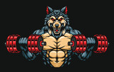 Fototapeta  - Wolf fitness or gym illustration design, wolf lifting dumbbells illustration. Wolf mascot character