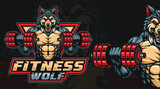 Fototapeta Pokój dzieciecy - Wolf fitness or gym illustration design, wolf lifting dumbbells illustration. Wolf mascot character