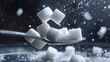 Elegant food photography of a spoon picking up shimmering sugar cubes, suitable for a piece on sugar craftsmanship or confectionery art