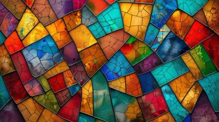 Wall Mural - Abstract colorful mosaic of cracked textures, vibrant stained glass appearance creating a dynamic, artistic pattern.