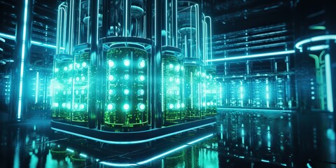 Wall Mural - AI Generated. AI Generative. Data internet server web connection green neon room in futuristic decoration background style. Network data base concept. Graphic Art