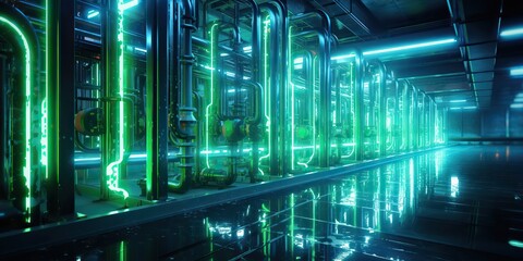 Wall Mural - AI Generated. AI Generative. Data internet server web connection green neon room in futuristic decoration background style. Network data base concept. Graphic Art