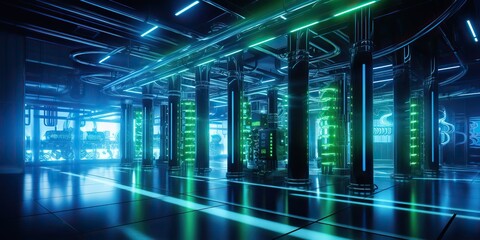 Wall Mural - AI Generated. AI Generative. Data internet server web connection green neon room in futuristic decoration background style. Network data base concept. Graphic Art