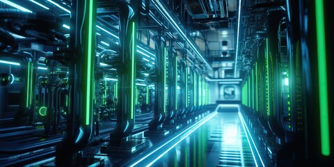 Wall Mural - AI Generated. AI Generative. Data internet server web connection green neon room in futuristic decoration background style. Network data base concept. Graphic Art