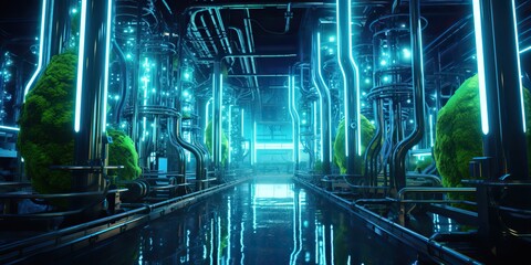 Wall Mural - AI Generated. AI Generative. Data internet server web connection green neon room in futuristic decoration background style. Network data base concept. Graphic Art