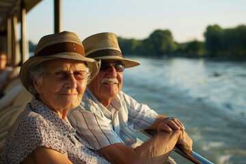 Poster - Elderly couple enjoying a scenic river cruise, cool breezes offsetting the summer heat