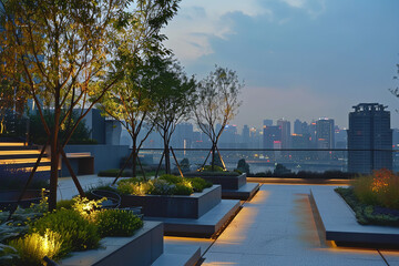 Canvas Print - A rooftop garden becomes a serene retreat at dusk - the day's heat fading into cool tranquility with panoramic views