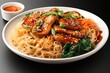 Vegetarian Schezwan Noodles or Vegetable Hakka Noodles or Chow Mein in black bowl at dark background