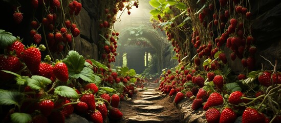 Strawberry field in the morning with reflection in the water.