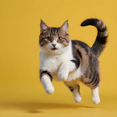 Wall Mural - a cat in motion on a yellow background. a postcard, a text space. for the banner