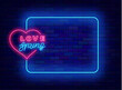 Love spring neon advertising. Special offer sale and party. Shiny promotion. Empty blue frame and typography with heart shape. Editing text. Vector stock illustration