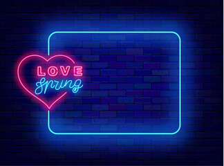 Wall Mural - Love spring neon advertising. Special offer sale and party. Shiny promotion. Empty blue frame and typography with heart shape. Editing text. Vector stock illustration