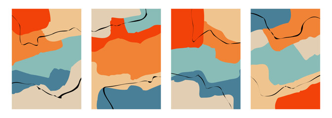 Fototapete - Set of abstract backgrounds with various hand drawn dynamic shapes and black curved lines for creative graphic design. Vector illustration.