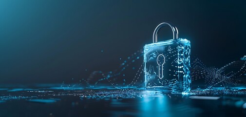 Wall Mural - Convey the essence of cyber security technology with an image featuring a digital padlock representing data encryption and network protection, displayed against a deep blue backdrop, highlighting