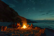 A joyful family gathers around a beach bonfire, roasting marshmallows and sharing stories under the starlit sky.
